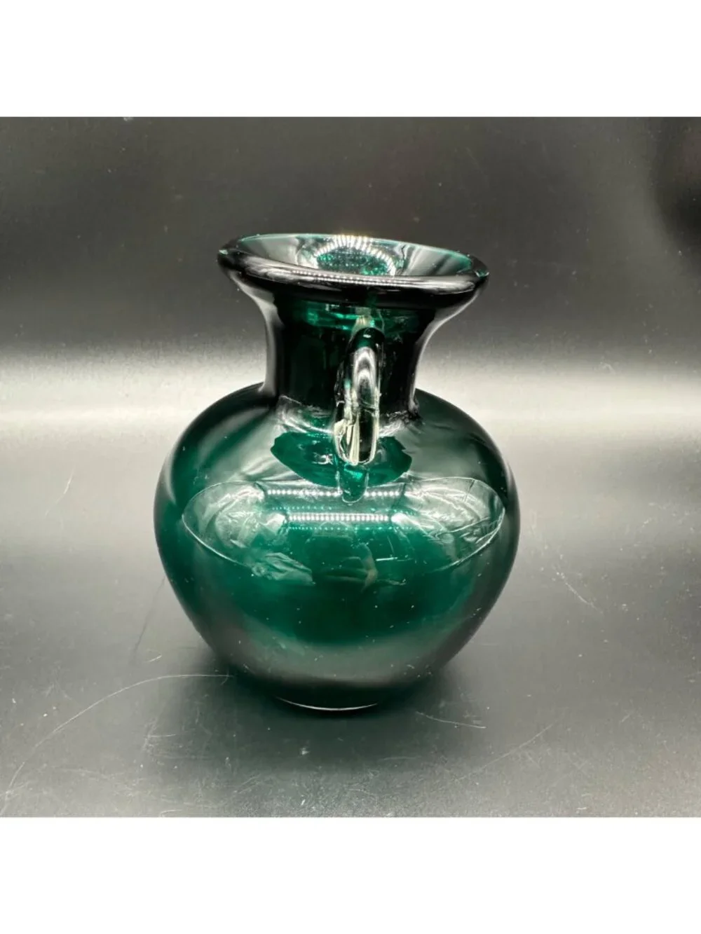 Art Glass Vase Forest Green Glass Clear Applied Handles Polished Bottom Handmade